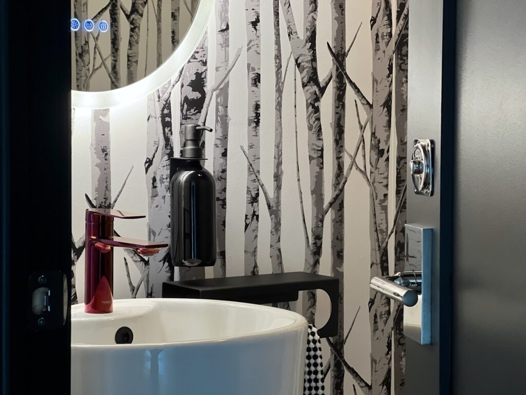 A close up view of SquirrelHaus PEC's main floor bathroom's modern pedestal sink with fuschia faucet, light up mirror above, hanging black soap dispenser bottle, black door and bare tree wallpaper