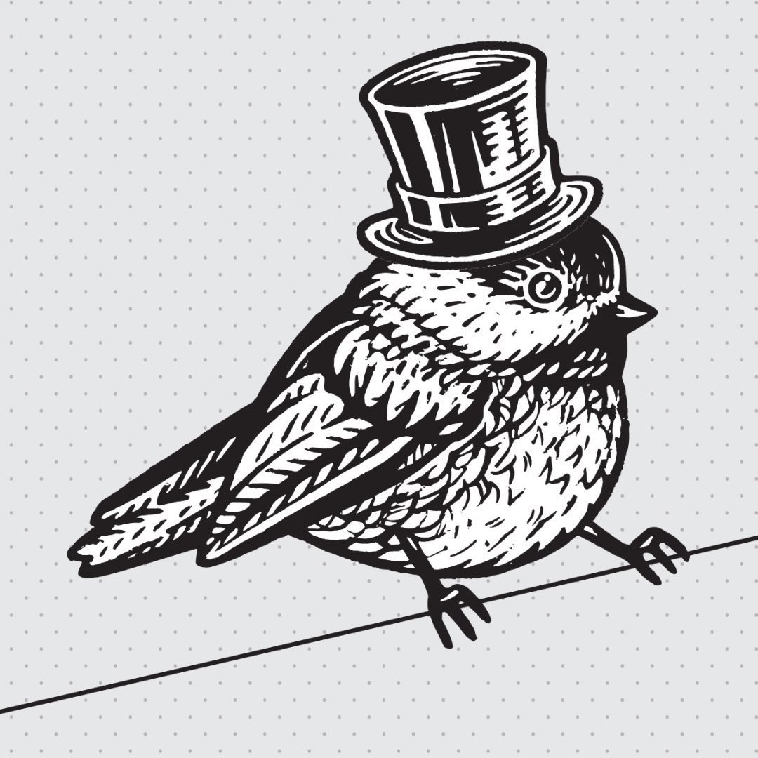A woodcut-style illustration of a sparrow wearing a top hat on a wire