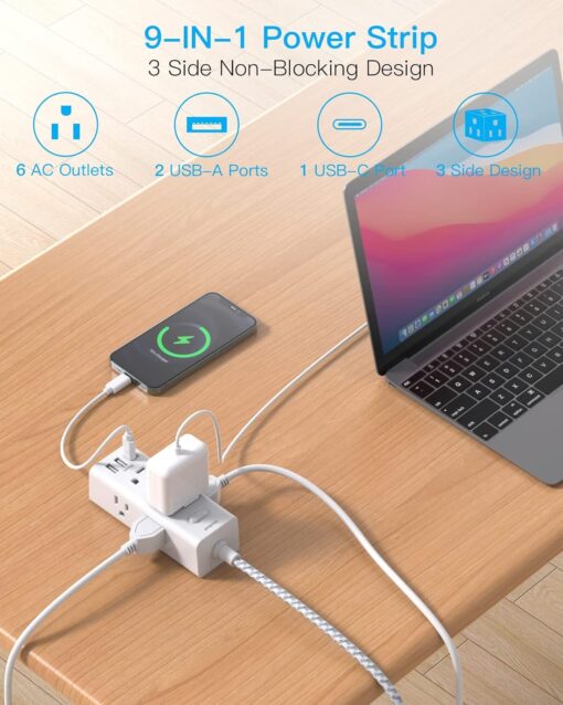 Power Bar with 3 USB Ports & 5 Ft Extension Cord - Image 2