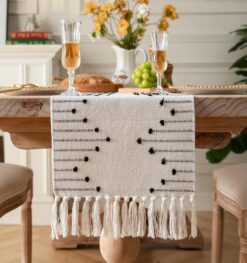 Boho Natural Cotton Woven Table Runner with Tassels - Black and Beige