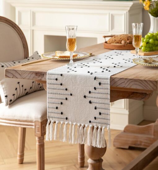 Boho Natural Cotton Woven Table Runner with Tassels - Black and Beige - Image 2
