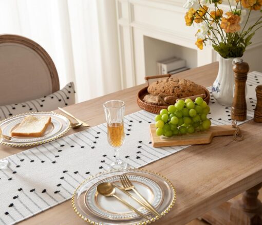 Boho Natural Cotton Woven Table Runner with Tassels - Black and Beige - Image 3