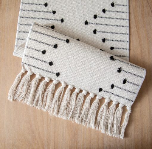 Boho Natural Cotton Woven Table Runner with Tassels - Black and Beige - Image 4