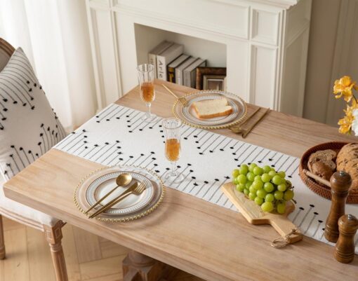 Boho Natural Cotton Woven Table Runner with Tassels - Black and Beige - Image 5