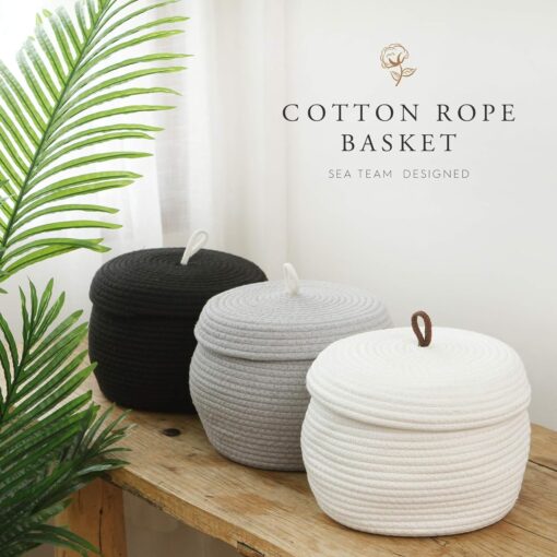 Sea Team Round Cotton Rope Storage Basket with Lid - Image 3