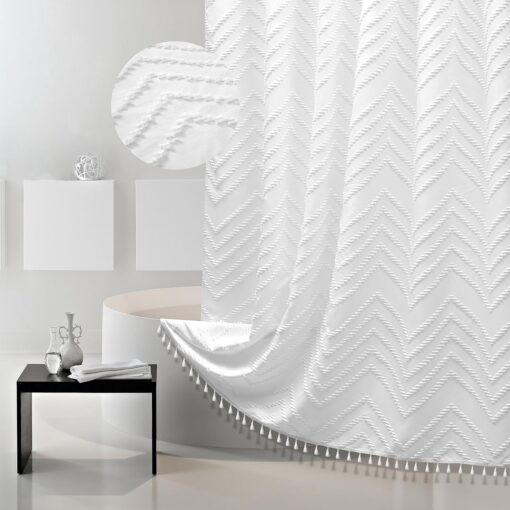 Extra Long White Boho Shower Curtain with Tassel