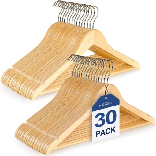 TOPIA Natural Wooden Hangers - 30 Pack